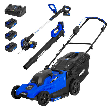 40V Cordless Lawn Mower Set | 17” Brushless Mower, Trimmer & Blower with 3 Batteries