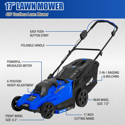 40V Cordless Lawn Mower Set | 17” Brushless Mower, Trimmer & Blower with 3 Batteries