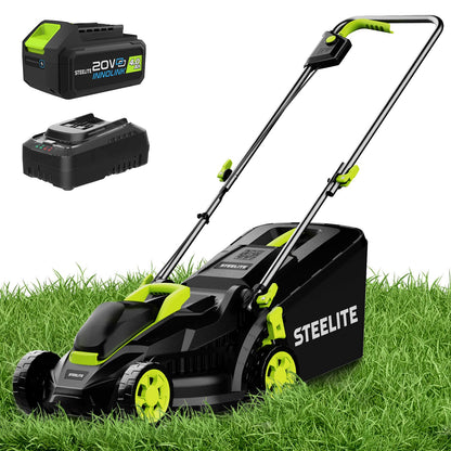 STEELITE 13-Inch Cordless Lawn Mower | 21V Brushless Electric Mower with Battery & Bag