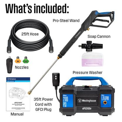 Westinghouse ePX3100v Electric Pressure Washer | 2100 PSI, Foam Cannon, Pro Wand & 4 Nozzles