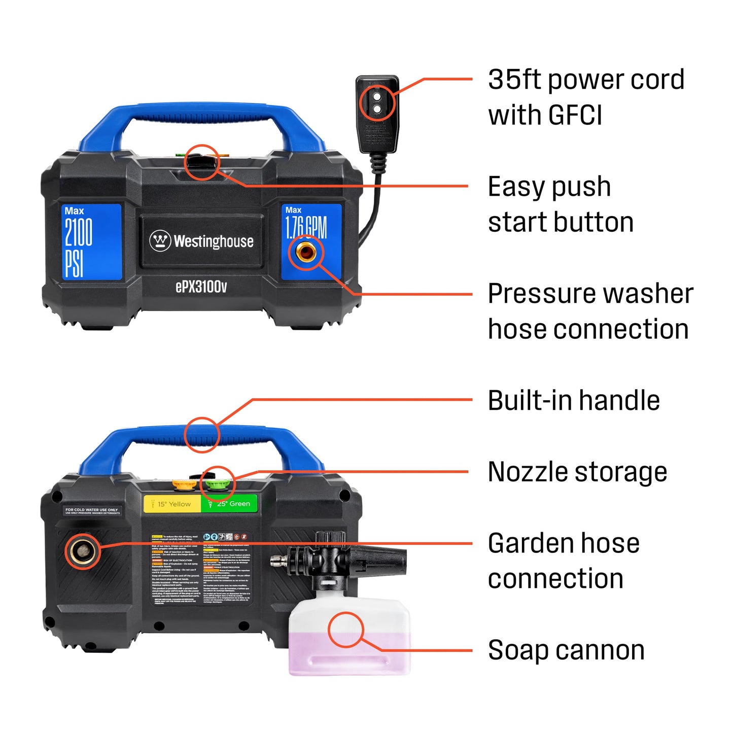 Westinghouse ePX3100v Electric Pressure Washer | 2100 PSI, Foam Cannon, Pro Wand & 4 Nozzles